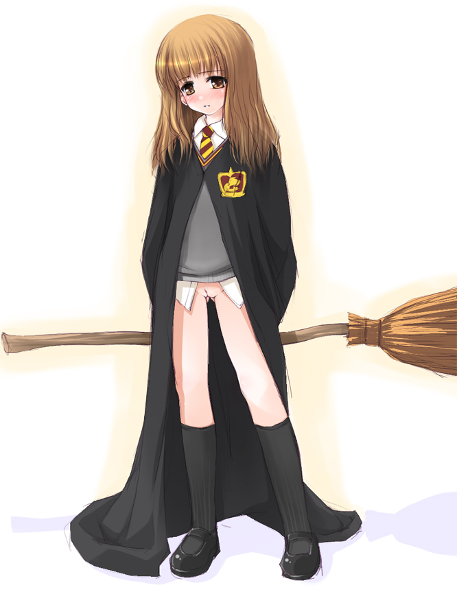 ooji, hermione granger, harry potter (series), wizarding world, 1girl, bottomless, broom, brown hair, fat mons, female focus, flat chest, hogwarts school uniform, loli, long sleeves, no panties, presenting, pussy, school uniform, smile, socks, solo, standing, witch