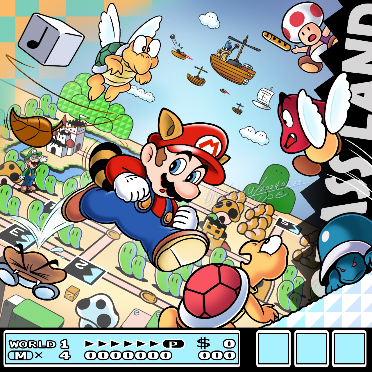 wissu type, buzzy beetle, goomba, koopa paratroopa, koopa troopa, larry koopa, luigi, mario, paragoomba, raccoon mario, red toad (mario), toad (mario), mario (series), nintendo, super mario bros. 3, commentary request, highres, :o, ? block, aircraft, airship, animal ears, black facial hair, blue eyes, blue hair, blue overalls, blue sky, brown hair, brown shoes, cannon, cannonball, castle, closed eyes, closed mouth, cloud, dated, day, dollar sign, english text, facial hair, fangs, flying, gloves, green hat, green shirt, hat, holding, holding wand, leaf, long sleeves, mismatched facial hair, motion lines, multiple boys, musical note, mustache, note block (mario), open clothes, open mouth, open vest, outdoors, overalls, propeller, purple vest, quarter note, raccoon ears, raccoon tail, red hat, red shirt, sail, shirt, shoes, short hair, signature, sky, super leaf, tail, v-shaped eyebrows, vest, wand, water, white gloves, wings