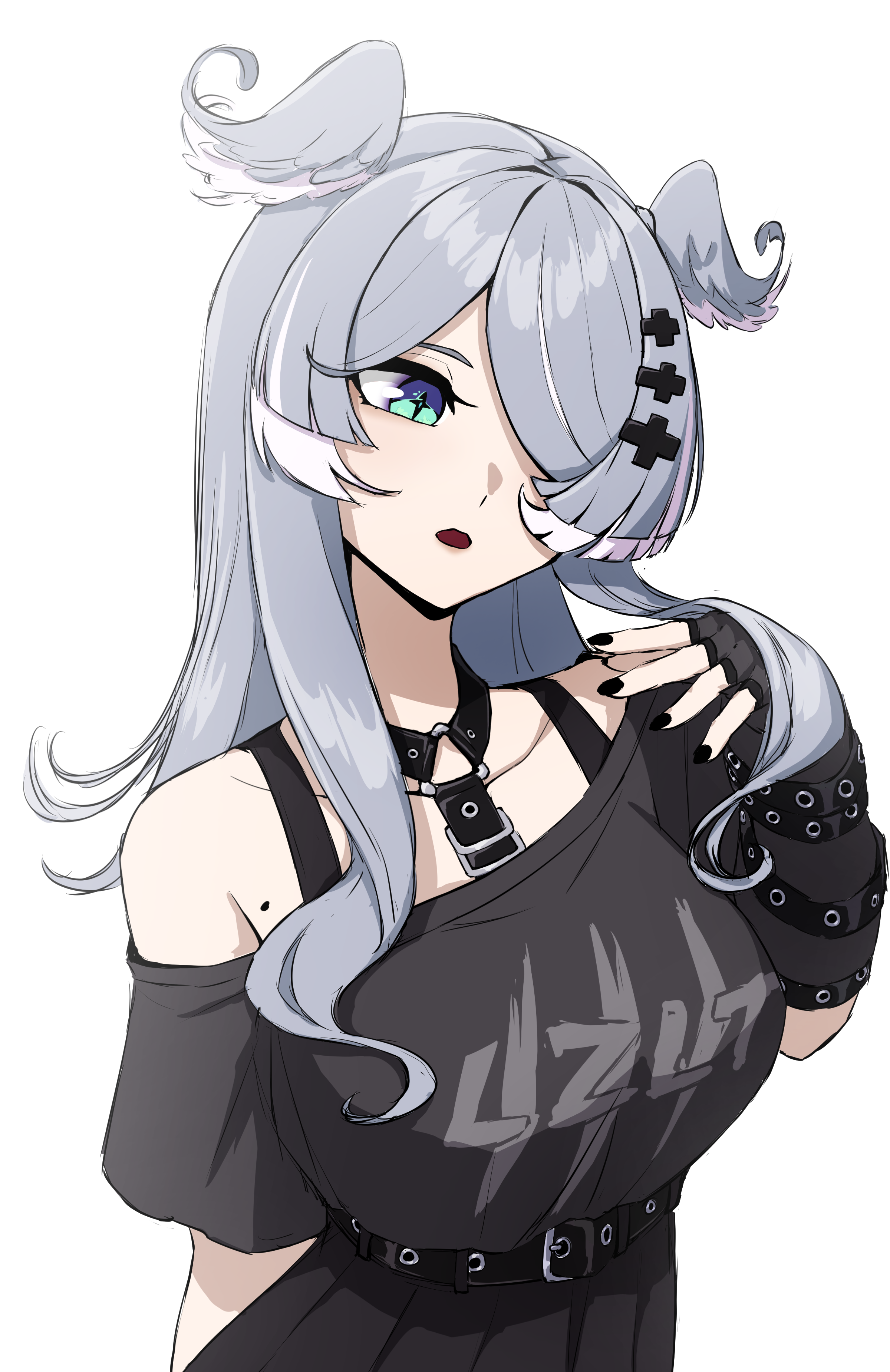 daydarion, elira pendora, elira pendora (goth), nijisanji, nijisanji en, absurdres, highres, 1girl, aqua eyes, black shirt, black skirt, blue hair, breasts, chest harness, cross-shaped pupils, hair over one eye, harness, head wings, large breasts, long hair, mole, mole on armpit, off-shoulder shirt, off shoulder, open mouth, pleated skirt, shirt, simple background, skirt, symbol-shaped pupils, virtual youtuber, white background, wings