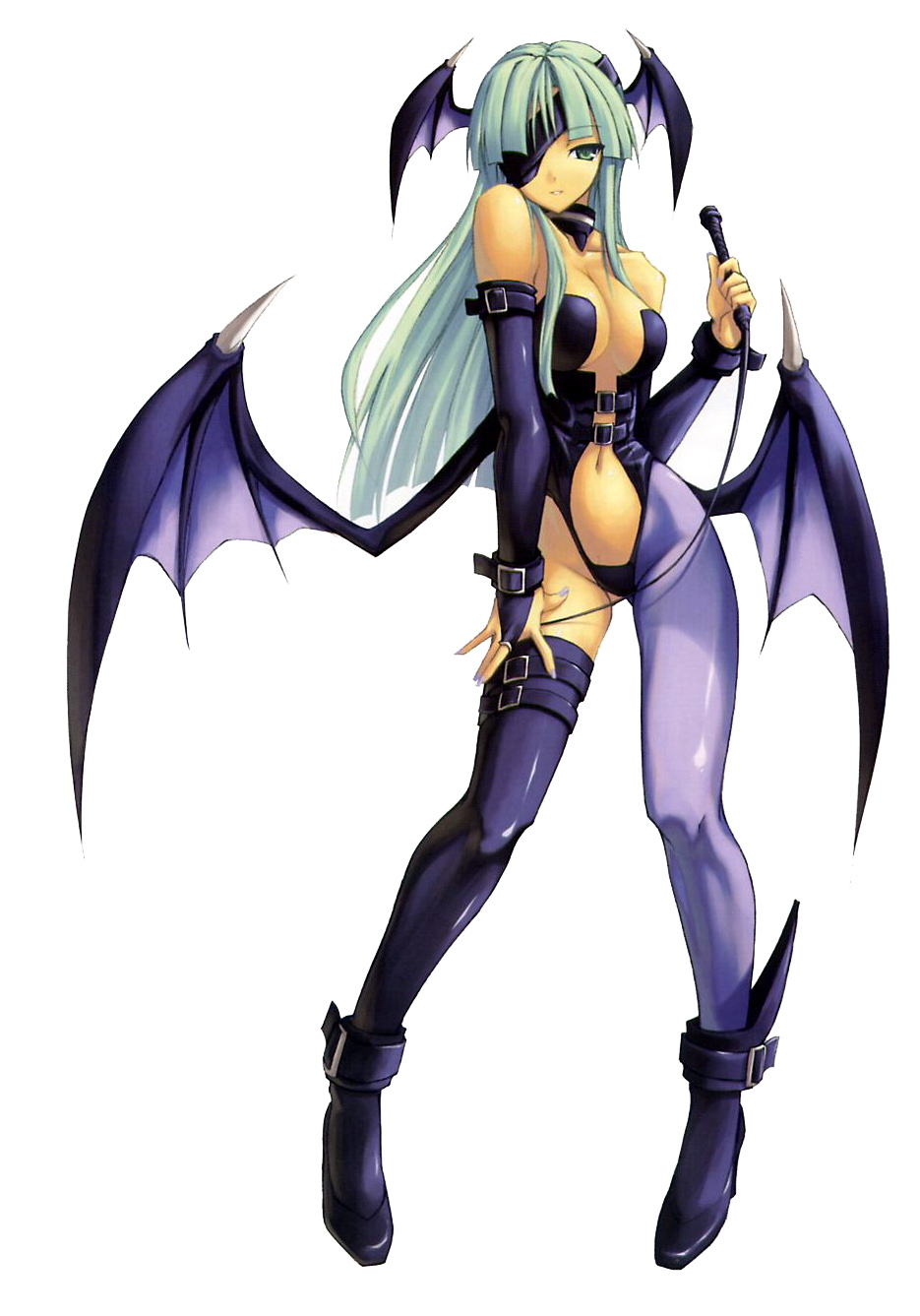 shingo (missing link), morrigan aensland, capcom, darkstalkers, highres, asymmetrical clothes, bare shoulders, bat wings, breasts, demon girl, eyepatch, fingerless gloves, gloves, green eyes, green hair, head wings, large breasts, leather, long hair, midriff, nail polish, pantyhose, single thighhigh, solo, tan, thighhighs, whip, wings
