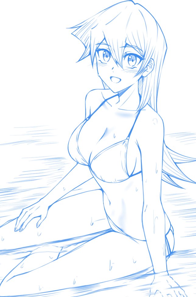 rourou ill, tenjouin asuka, yu-gi-oh!, yu-gi-oh! gx, commentary request, 1girl, arm support, bare arms, bare legs, bikini, blue theme, blush, breasts, cleavage, collarbone, foot out of frame, hair between eyes, halterneck, large breasts, long hair, looking at viewer, monochrome, navel, open mouth, pool, side-tie bikini bottom, sitting, smile, solo, stomach, string bikini, swimsuit, water, wet, yokozuwari