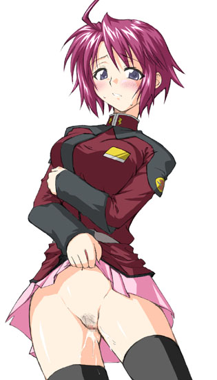 lunamaria hawke, gundam, gundam seed, gundam seed destiny, 00s, 1girl, ahoge, blush, breast press, breasts, clothes lift, female focus, female pubic hair, grey eyes, large breasts, lifting own clothes, long sleeves, no panties, pink hair, pubic hair, pussy juice, shirt, short hair, simple background, skirt, skirt lift, solo, standing, sweat, thighhighs, uncensored