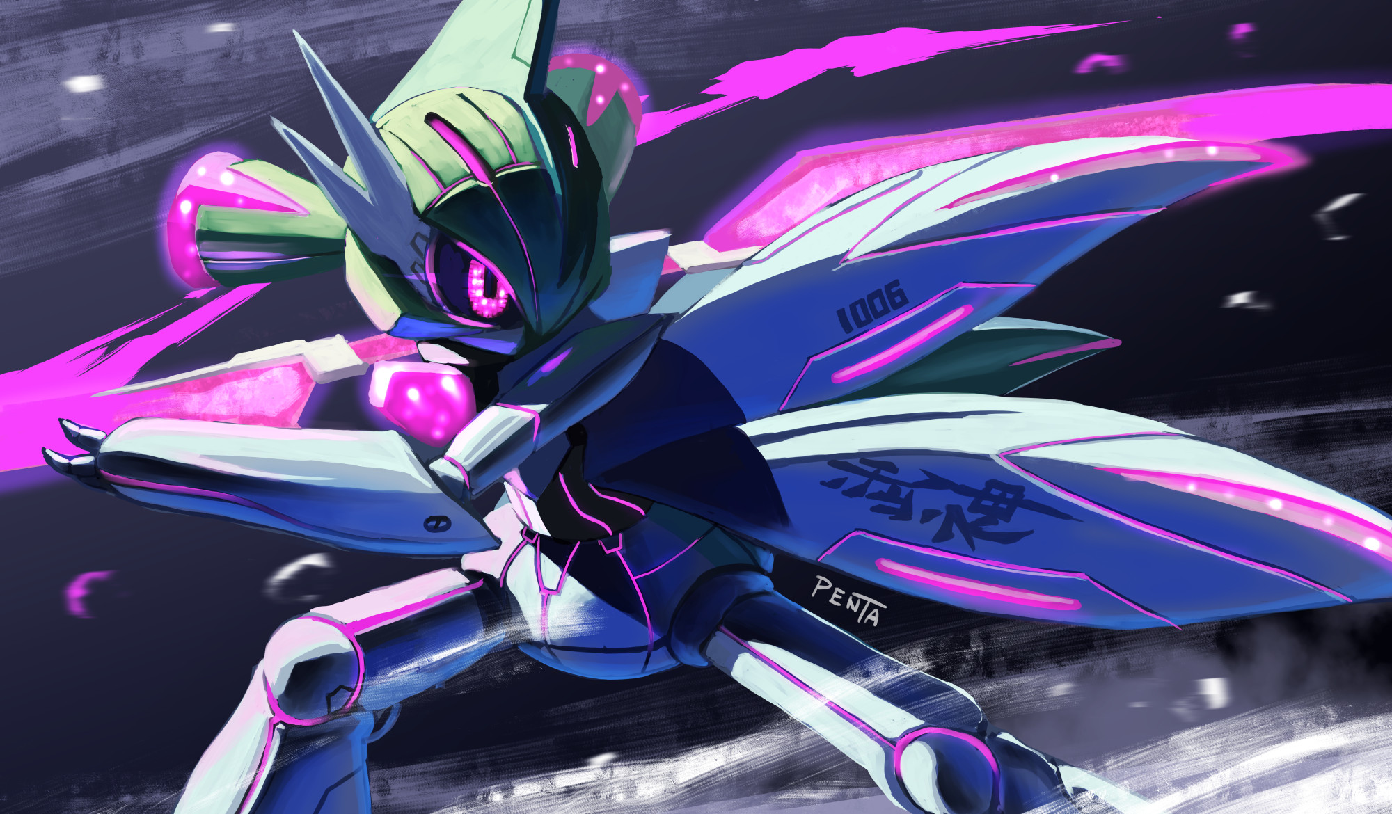 penta oekaki, iron valiant, nintendo, pokemon, commentary, highres, artist name, black sclera, colored sclera, holding, holding weapon, pink eyes, pixel eyes, pokedex number, pokemon (creature), pokemon focus, rectangular pupils, robot, solo, weapon