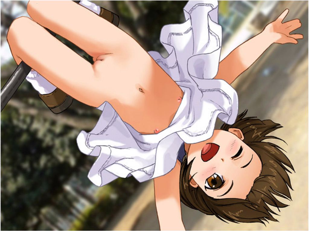 yoshida seiji, nanachan, nanachan to a-so-bo, original, sol-fa-soft, jpeg artifacts, 137b, 1girl, blush, brown eyes, brown hair, cleft of venus, clothes lift, dress, female focus, flat chest, hanging, horizontal bar, loli, navel, nipples, no bra, no panties, nude, one eye closed, open mouth, petite, playground, playing, pussy, short hair, skinny, skirt, skirt lift, solo, sweat, thigh gap, uncensored, upside-down, wink