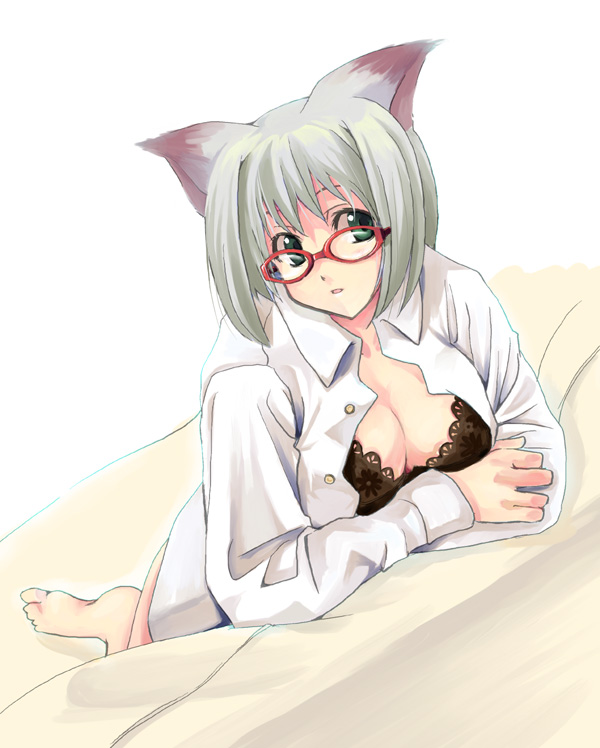 kabocha, kabocha (monkey4), original, 1girl, animal ears, barefoot, black bra, bra, breasts, cat ears, cleavage, female focus, glasses, green eyes, grey hair, lace, lace-trimmed bra, lace trim, large breasts, lingerie, long sleeves, lying, on stomach, open clothes, open shirt, red-framed eyewear, shirt, short hair, solo, underwear, white shirt