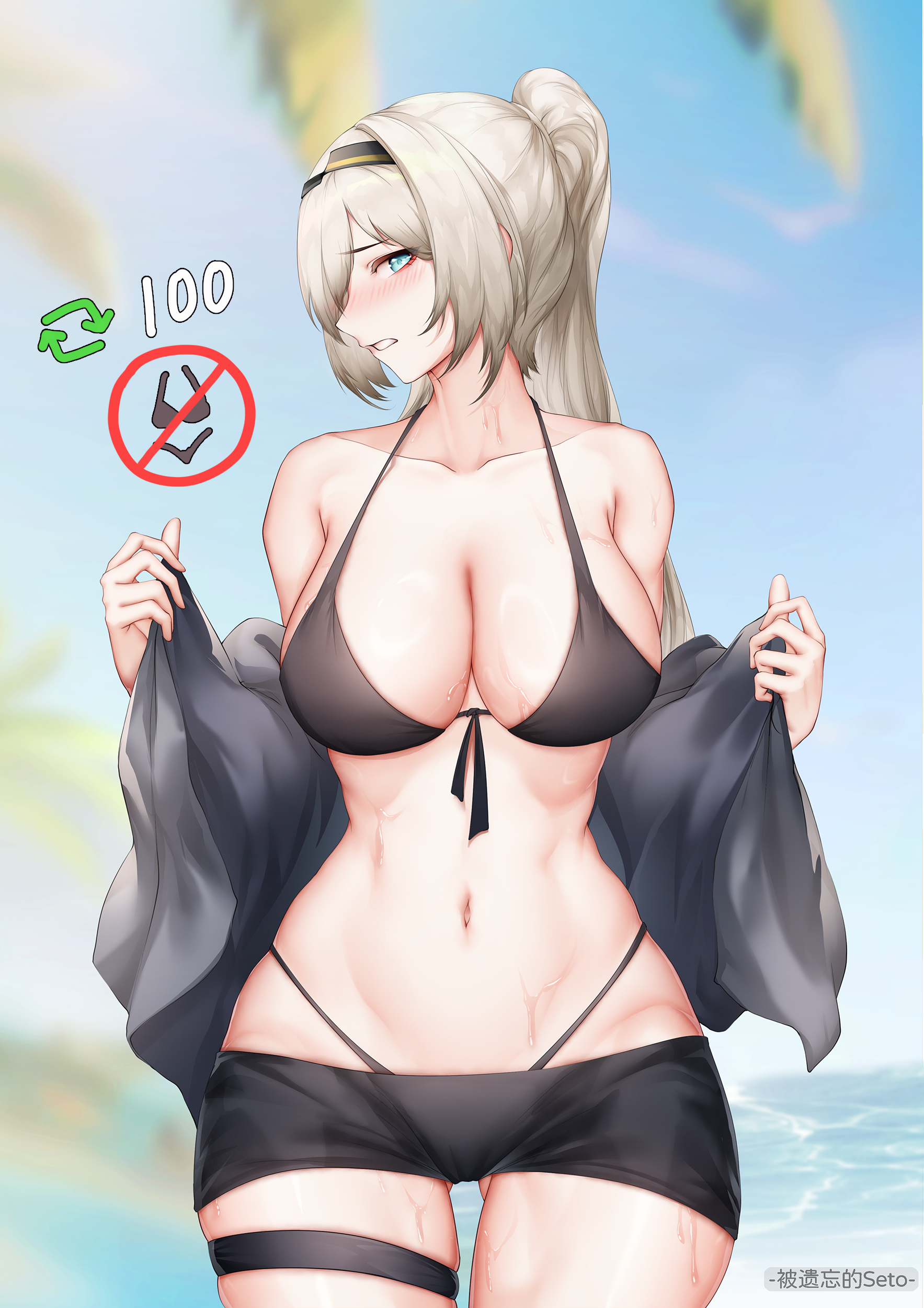thatob, an-94 (girls' frontline), girls' frontline, absurdres, chinese commentary, commentary, highres, 1girl, alternate breast size (larger), alternate costume, aqua eyes, artist name, bare shoulders, beach, bikini, black bikini, black hairband, black shorts, blonde hair, blurry, blurry background, blush, breasts, cleavage, collarbone, embarrassed, feet out of frame, hairband, long hair, looking at viewer, medium breasts, navel, open mouth, ponytail, shorts, sidelocks, solo, standing, stomach, sweat, swimsuit, thighs