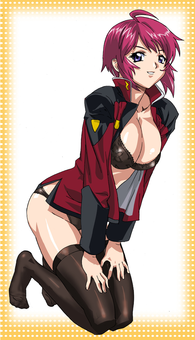 lux (alpa), lunamaria hawke, gundam, gundam seed, gundam seed destiny, hand on thigh, non-web source, 00s, 1girl, ahoge, arm support, black bra, black panties, black thighhighs, bottomless, bra, breasts, cleavage, feet, female focus, grin, hand on own thigh, jacket, kneeling, lace, lace-trimmed panties, lace bra, lace trim, large breasts, leaning forward, lingerie, looking at viewer, military, military uniform, naughty face, no pants, open clothes, open shirt, panties, parted bangs, pink hair, polka dot, polka dot background, purple eyes, red hair, shiny skin, shirt, short hair, smile, solo, thighhighs, underwear