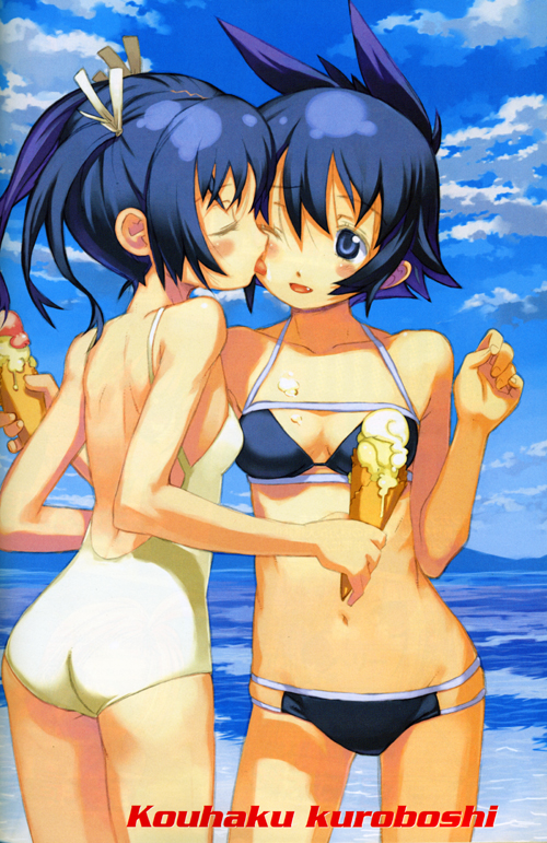 kuroboshi kouhaku, 2girls, artist name, back, beach, bikini, blue eyes, blue hair, blush, closed eyes, day, female focus, food, ice cream, kissing cheek, licking, multiple girls, navel, ocean, one-piece swimsuit, one eye closed, outdoors, swimsuit, tan, water, wink, yuri