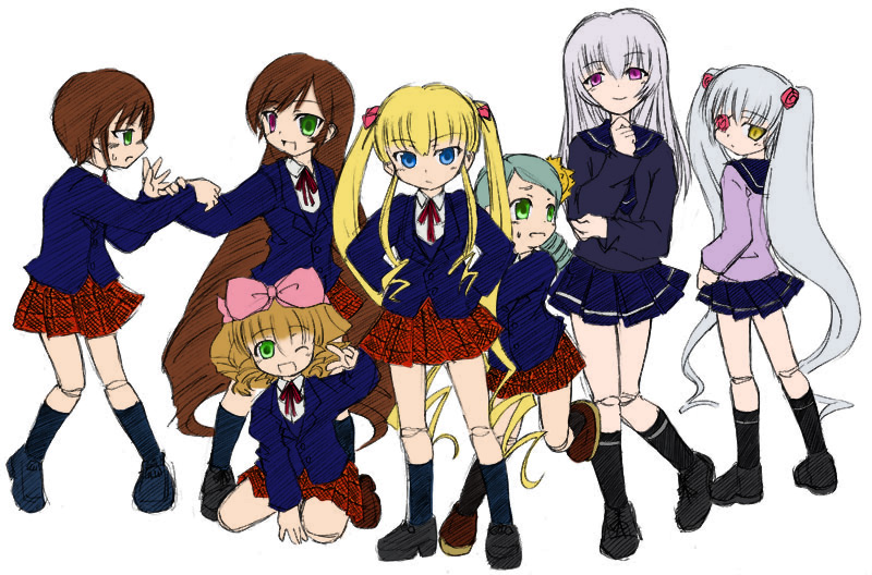 naruse mamoru, hinaichigo, kanaria, kirakishou, shinku, souseiseki, suigintou, suiseiseki, rozen maiden, 00s, 6+girls, alternate costume, blazer, blonde hair, bow, everyone, jacket, multiple girls, pink bow, pleated skirt, school uniform, skirt