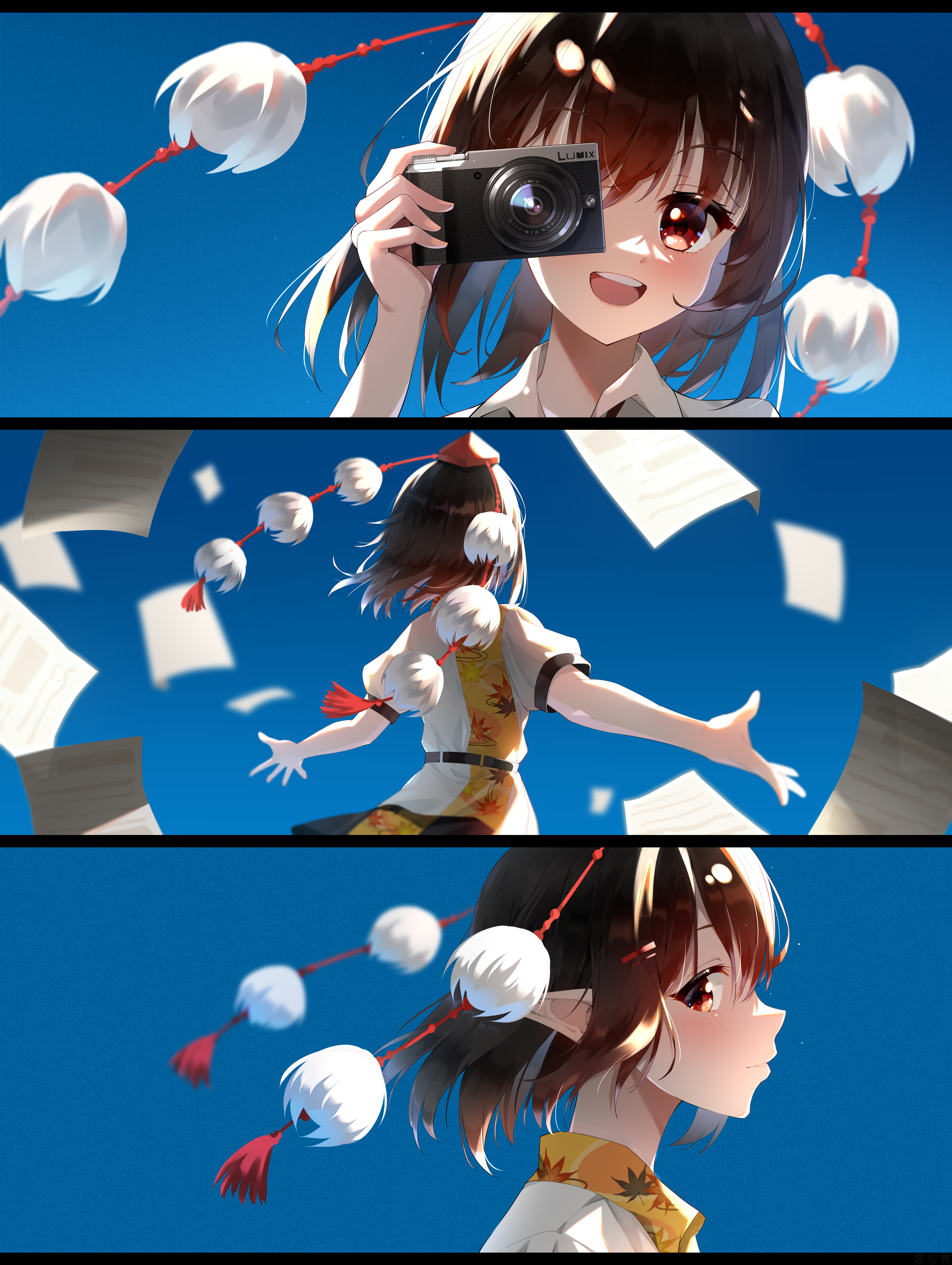 fog. (pixiv26875950), shameimaru aya, touhou, absurdres, commentary request, highres, 1girl, black hair, black skirt, blue background, blurry, blush, camera, close-up, collage, collared shirt, depth of field, flying paper, from behind, from side, hair ornament, hairclip, hat, hat tassel, holding, holding camera, leaf print, light particles, light smile, looking at viewer, maple leaf print, medium hair, neck, outstretched arms, outstretched hand, paper, parallel hairclips, pointy ears, pom pom (clothes), profile, red eyes, red hat, red ribbon, ribbon, shirt, short sleeves, skirt, smile, tassel, teeth, tokin hat, upper body, upper teeth only, white shirt