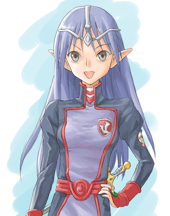 lafiel, seikai no senki, uniform, 1girl, :d, belt, black bodysuit, blue background, blue hair, bodysuit, brown eyes, circlet, cowboy shot, emblem, female focus, gloves, grey eyes, half gloves, hand on own hip, juliet sleeves, long hair, long sleeves, looking at viewer, open mouth, pointy ears, puffy long sleeves, puffy sleeves, red gloves, simple background, smile, solo, sword, tiara, very long hair, weapon