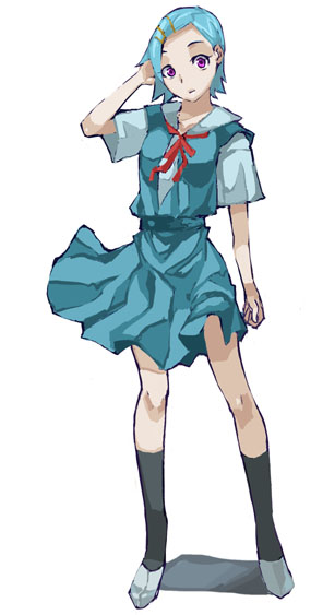 ayanami rei, eureka (eureka seven), eureka seven, eureka seven (series), neon genesis evangelion, 1girl, ayanami rei (cosplay), cosplay, crossover, female focus, parody, school uniform, serafuku, shoes, solo, white shoes