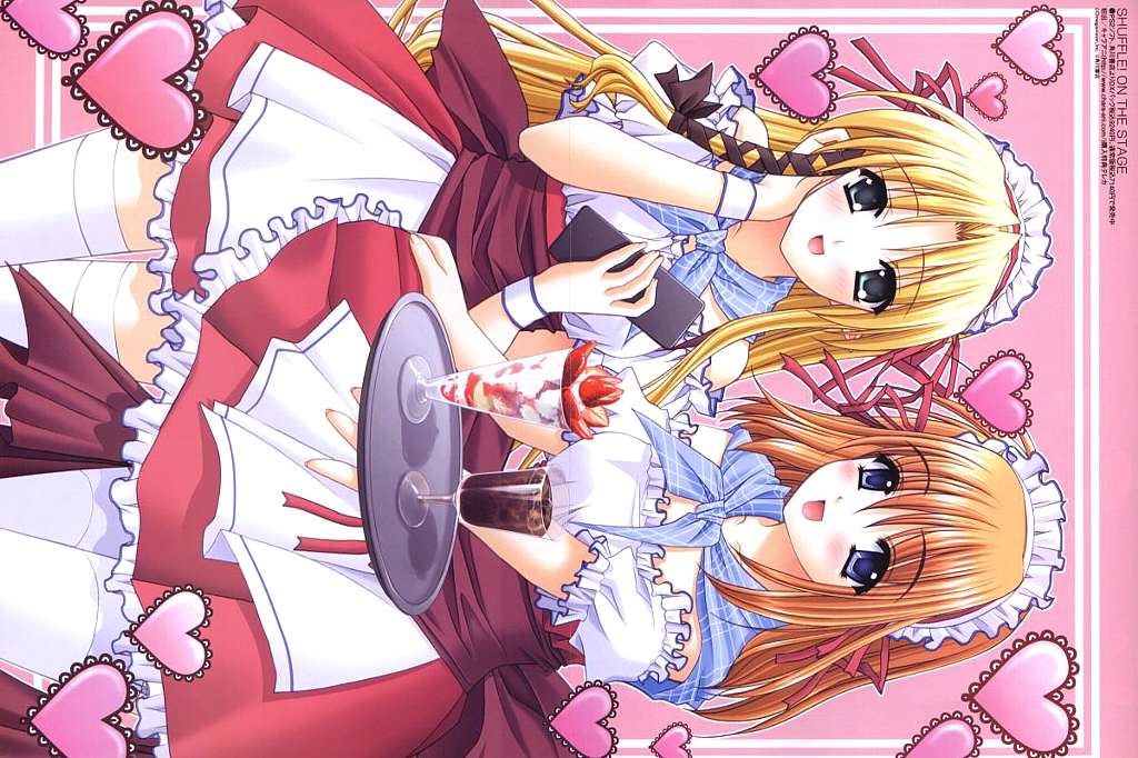 nishimata aoi, suzuhira hiro, fuyou kaede, kareha, megami magazine, shuffle!, shuffle! on the stage, eyebrows, framed, plaid, white legwear, official art, scan, 00s, 2girls, :d, apron, aqua eyes, bare shoulders, black ribbon, blue eyes, blue scarf, blush, bow, cowboy shot, fingernails, food, frilled shirt, frills, from side, fruit, giving, hair between eyes, hair ribbon, hand on own cheek, hand on own face, hand up, happy, heart, high-waist skirt, holding, lace, long fingernails, long hair, maid headdress, miniskirt, multiple girls, notepad, off shoulder, open mouth, orange hair, outline, parfait, parted bangs, petticoat, pink background, pleated skirt, pointy ears, puffy sleeves, red ribbon, red skirt, ribbon, sash, scarf, shirt, short sleeves, sidelocks, sideways, simple background, skirt, smile, standing, strawberry, strawberry parfait, thigh gap, thighhighs, tray, tress ribbon, very long hair, waist apron, waitress, white apron, white shirt, wrist cuffs, zettai ryouiki