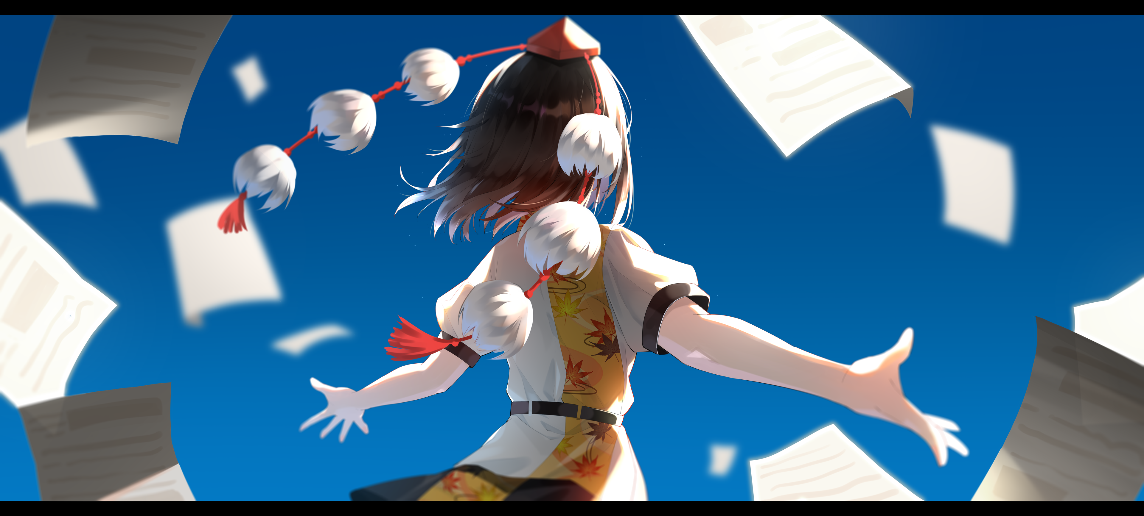 fog. (pixiv26875950), shameimaru aya, touhou, absurdres, commentary request, highres, 1girl, black hair, black skirt, blue background, blurry, depth of field, flying paper, from behind, hat, hat tassel, leaf print, maple leaf print, medium hair, outstretched arms, outstretched hand, paper, pom pom (clothes), red hat, red ribbon, ribbon, shirt, short sleeves, skirt, solo, tokin hat, upper body, white shirt
