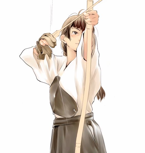 shimazu yoshino, maria-sama ga miteru, 00s, 1girl, archery, bow (weapon), braid, cowboy shot, female focus, frown, hakama, hakama skirt, head tilt, holding, holding bow (weapon), holding weapon, japanese clothes, kyuudou, one eye covered, simple background, single braid, skirt, solo, weapon, white background