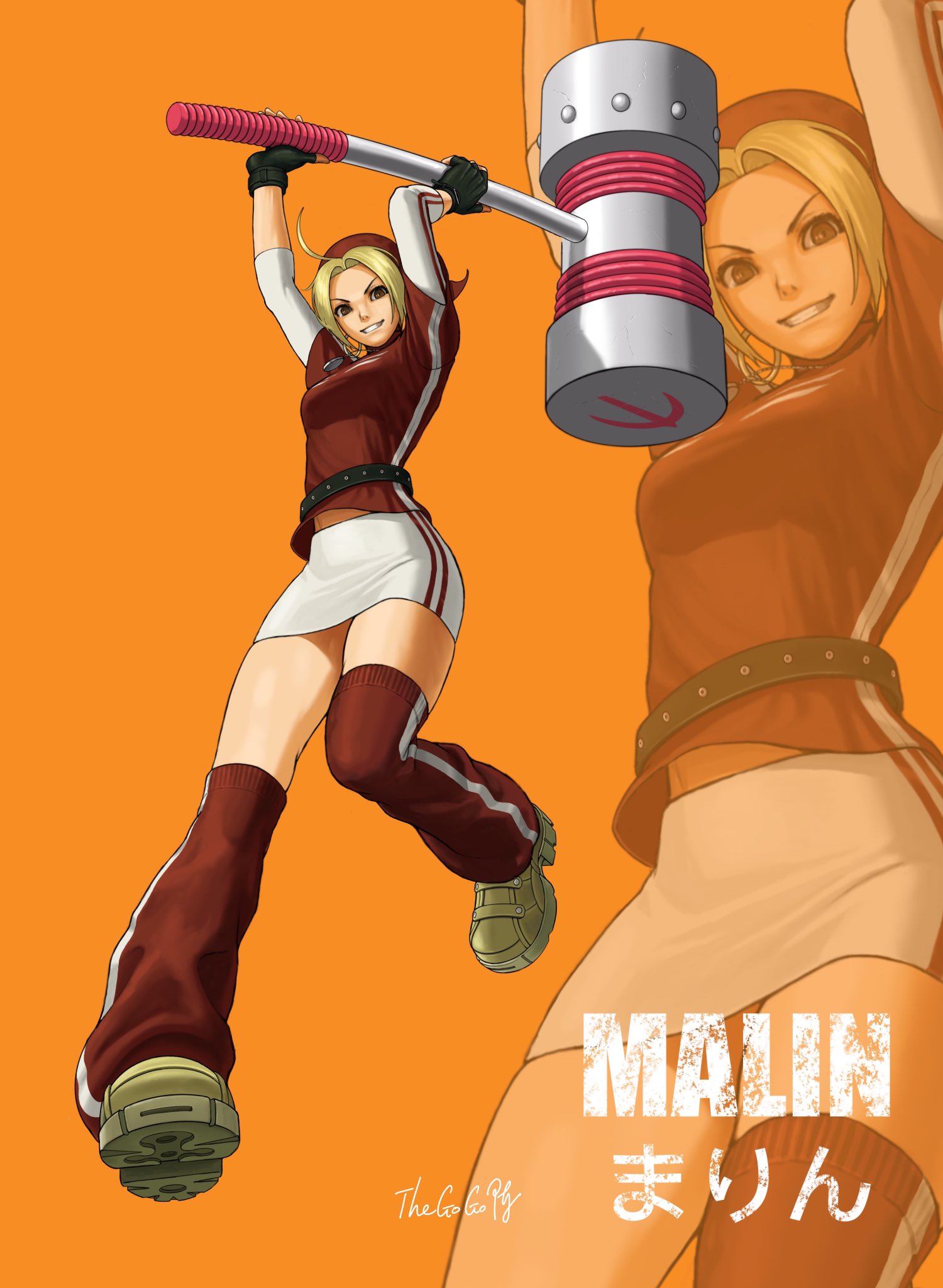 malin (kof), highres, non-web source, 1girl, bandana, belt, black belt, blonde hair, earrings, fingerless gloves, gloves, hammer, hoop earrings, jewelry, leg warmers, legs, miniskirt, pencil skirt, shoes, skirt, solo, yellow shoes