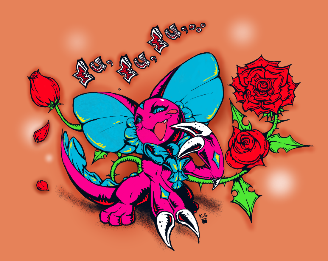 elizamon, digimon, black eyes, claws, digimon (creature), laughing, ojou-sama pose, ribbon, tail, visual shock games