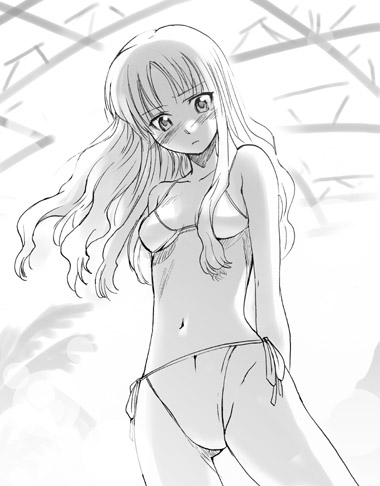 inue shinsuke, caren hortensia, fate/hollow ataraxia, fate/stay night, fate (series), lowres, 00s, bikini, greyscale, monochrome, side-tie bikini bottom, solo, swimsuit