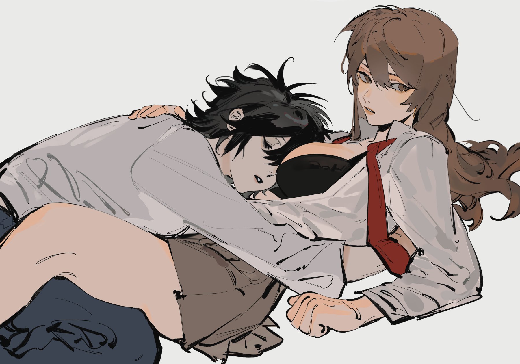akmizuk, l (death note), yagami light, death note, commentary, english commentary, highres, 2girls, black bra, black hair, bra, breasts, brown eyes, brown hair, brown skirt, genderswap, genderswap (mtf), long sleeves, multiple girls, necktie, open clothes, open shirt, pants, red necktie, shirt, skirt, underwear, undone necktie, white shirt, yuri