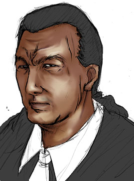 hayase yuuichirou, steven seagal, real life, lowres, 1boy, animification, black hair, braid, dark-skinned male, dark skin, formal clothes, male focus, necktie, solo, squinting, stevensegal, suit