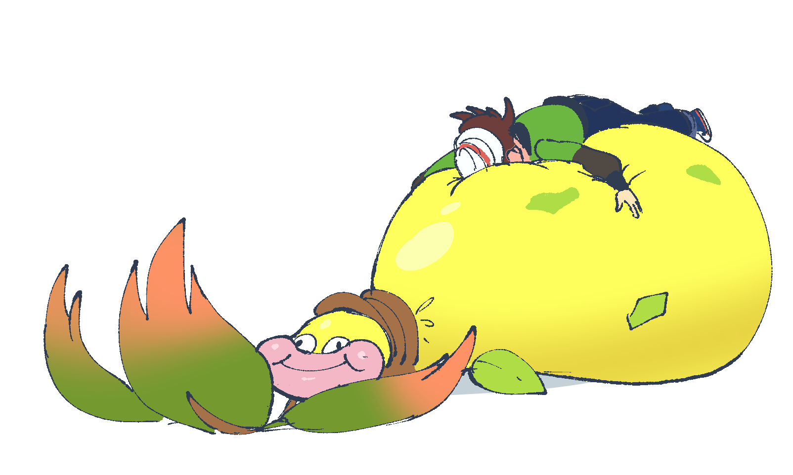 juno son, harmony (pokemon), victreebel, nintendo, pokemon, pokemon legends: z-a, commentary, english commentary, highres, 1girl, blue pants, brown hair, closed mouth, colored skin, full body, gen 1 pokemon, green jacket, hat, jacket, leaf, long sleeves, lying, lying on pokemon, mega pokemon, mega victreebel, on stomach, pants, pink lips, plant, pokemon (creature), short hair, vines, white background, white hat, yellow skin