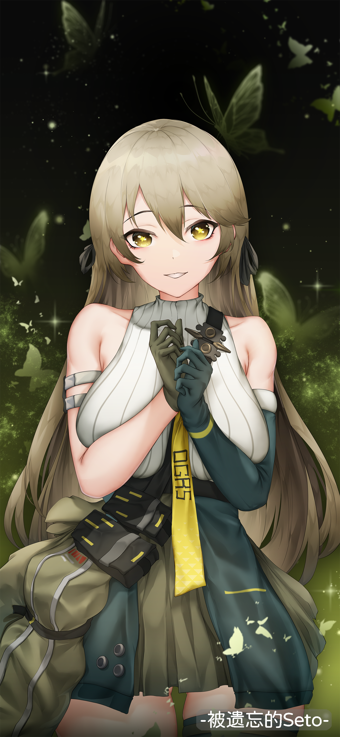 thatob, lainie (girls' frontline 2), ump40 (girls' frontline), girls' frontline, girls' frontline 2: exilium, absurdres, chinese commentary, commentary, highres, 1girl, artist name, asymmetrical gloves, bag, bare shoulders, black ribbon, blue gloves, breasts, brown hair, bug, butterfly, collarbone, elbow gloves, feet out of frame, gloves, green gloves, green skirt, hair ribbon, insect, long hair, looking at viewer, medium breasts, open mouth, ribbon, shoulder bag, skirt, smile, solo, standing, star-shaped pupils, star (symbol), strapless, sweater vest, symbol-shaped pupils, white sweater vest, yellow eyes