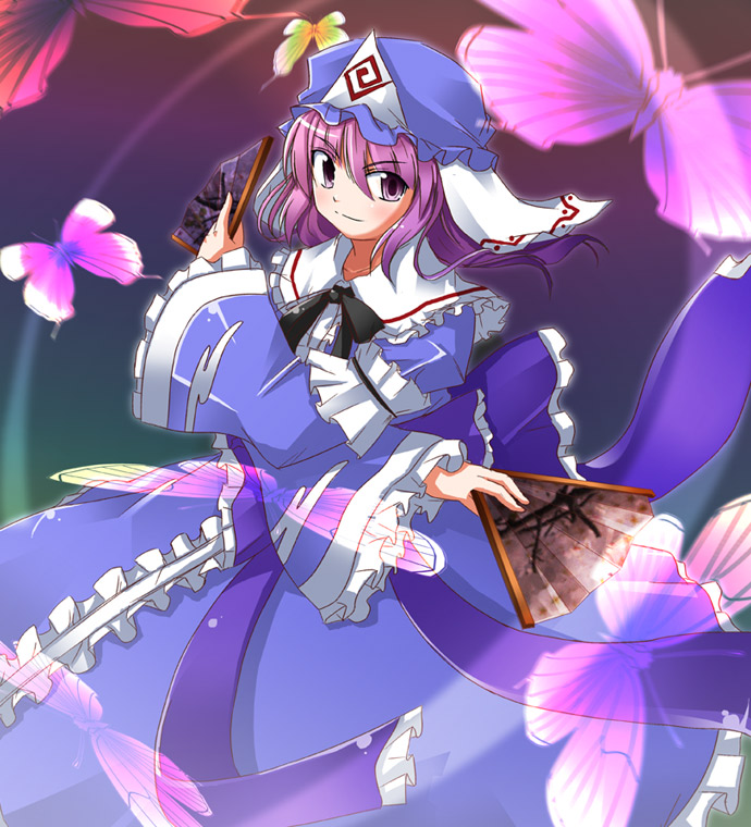 nekonote (nekono paraiso), saigyouji yuyuko, touhou, 1girl, ascot, blue dress, bug, butterfly, dress, female focus, folding fan, frills, hand fan, hat, pink eyes, pink hair, short hair, smile, solo, triangular headpiece