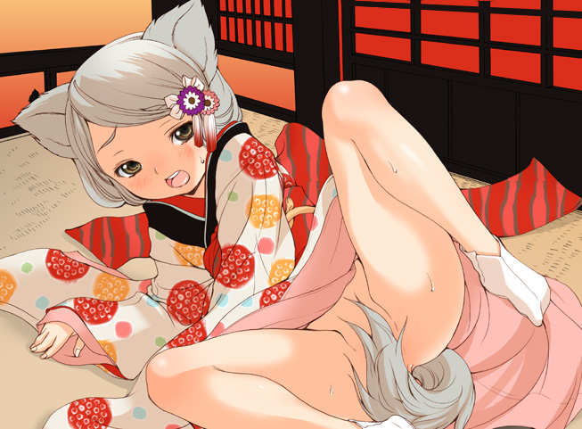 inuburo, original, silver hair, white legwear, 1girl, animal ears, blush, brown eyes, convenient censoring, d:, embarrassed, female focus, fingernails, fox ears, hair ornament, indoors, japanese clothes, kimono, loli, long sleeves, looking at viewer, no panties, open mouth, parted bangs, sleeves past wrists, solo, spread legs, sweat, tabi, tail, tatami