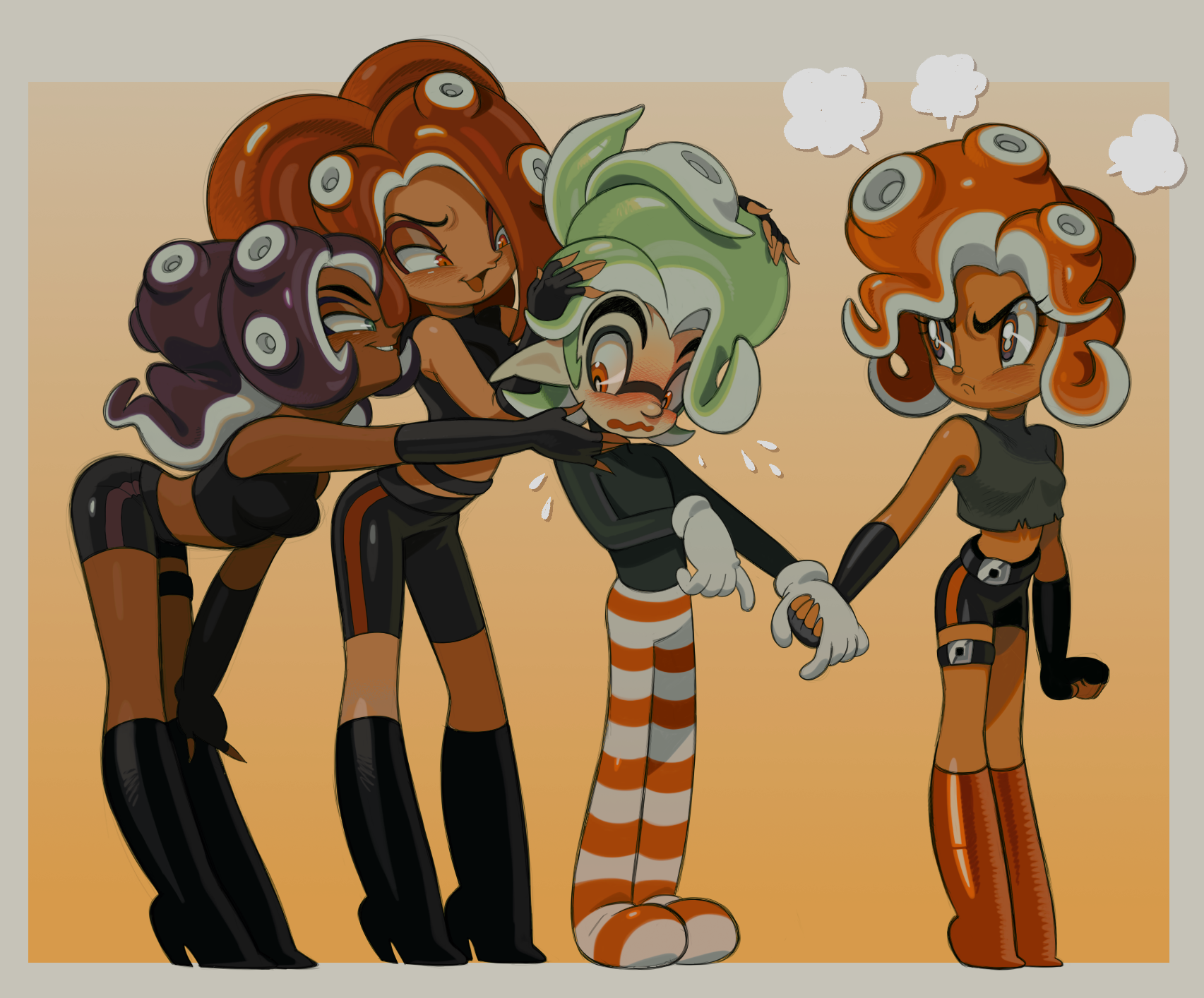 nintendo, original, splatoon (series), splatoon 3, highres, 1960s (style), belt, breasts, cephalopod eyes, dark-skinned female, dark skin, deformed, eyelashes, faux retro artstyle, frown, gloves, green hair, inkling, octoling, oldschool, pointy ears, retro artstyle, roachgore, shorts, standing, tentacle hair, thick eyebrows, tofu (roachgore), turtleneck, v-shaped eyebrows, vonnie aurita, white gloves