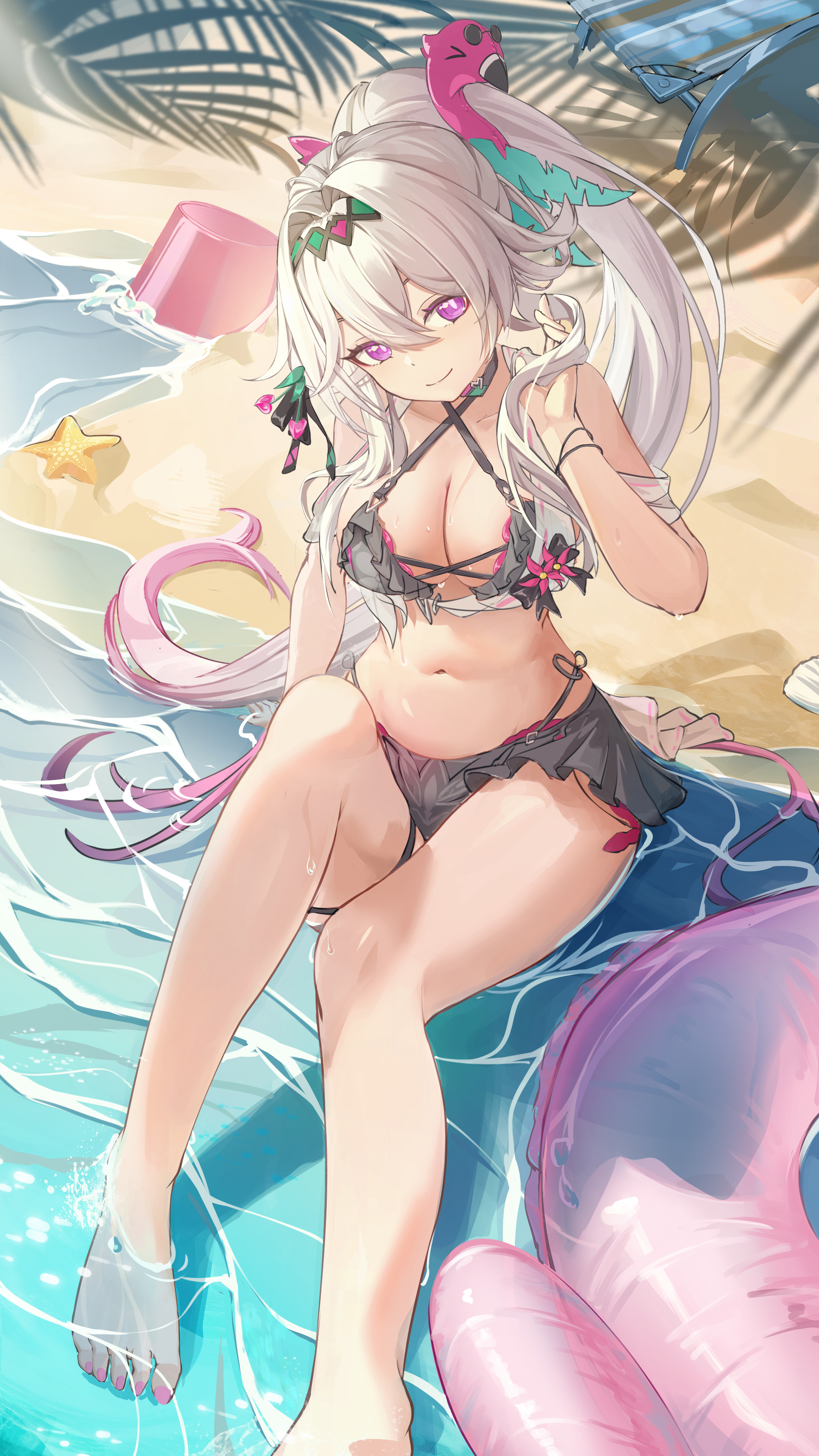 siyue, thelema nutriscu, honkai (series), honkai impact 3rd, absurdres, chinese commentary, commentary request, highres, 1girl, barefoot, beach, bikini, black bikini, breasts, cleavage, feet, foot out of frame, hair intakes, knee up, large breasts, legs, long hair, midriff, multicolored hair, nail polish, navel, official alternate costume, ponytail, purple eyes, purple hair, sitting, smile, solo, starfish, swimsuit, toenail polish, toenails, toes, two-tone hair, very long hair, white hair