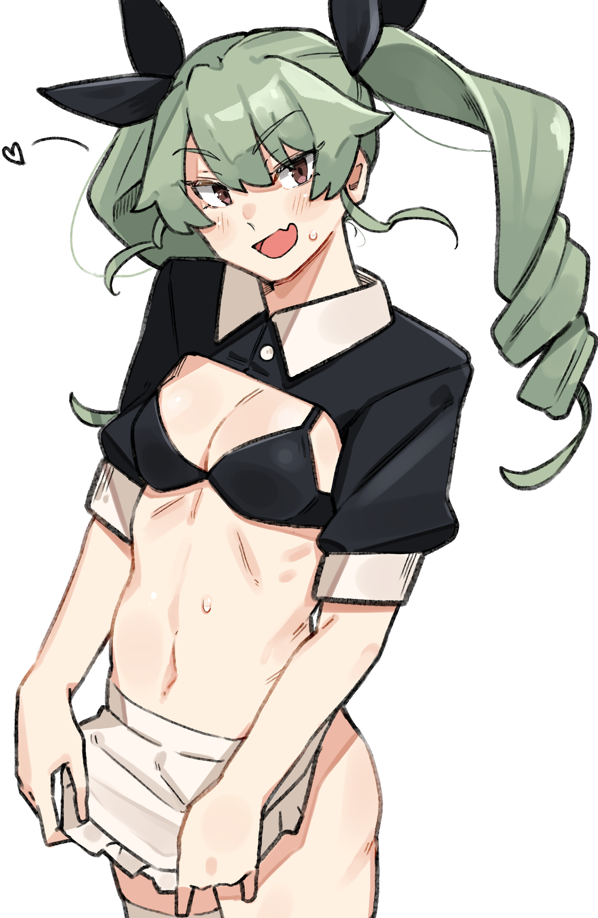 sattinittas, anchovy (girls und panzer), girls und panzer, absurdres, commentary, highres, 1girl, apron, bikini, bikini top only, black bikini, black ribbon, black shrug, breasts, brown eyes, drill hair, fang, full body, green hair, hair ribbon, long hair, looking at viewer, open mouth, ribbon, short sleeves, shrug (clothing), simple background, skin fang, small breasts, smile, solo, standing, sweatdrop, swimsuit, thighhighs, twin drills, twintails, waist apron, white apron, white background, white thighhighs