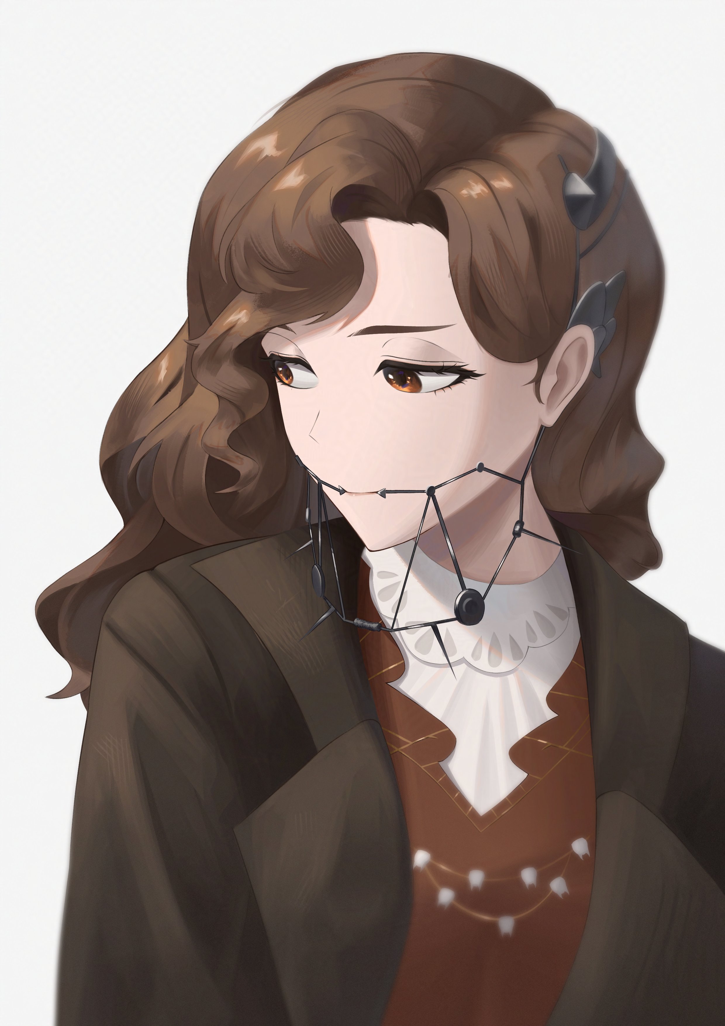 tooth fairy (reverse:1999), reverse:1999, absurdres, highres, 1girl, braces, brown coat, brown eyes, brown hair, closed mouth, coat, dress, jewelry, long hair, looking to the side, mk4 16, necklace, red dress, shirt, smile, solo, tooth necklace, turning head, upper body, white background, white shirt