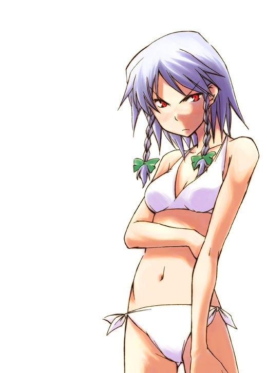 hikawa shou, izayoi sakuya, embodiment of scarlet devil, touhou, >:|, 1girl, :|, angry, bikini, blue hair, braid, closed mouth, female focus, glaring, hair ribbon, navel, red eyes, ribbon, short hair, side-tie bikini bottom, simple background, solo, swimsuit, twin braids, v-shaped eyebrows, white background, white bikini