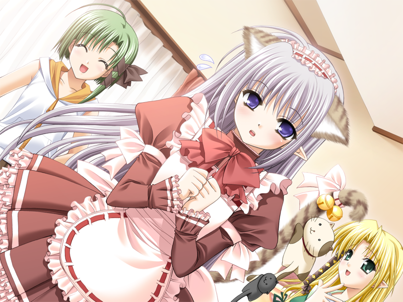 nishimata aoi, suzuhira hiro, kareha, primula, shigure asa, shuffle!, silver hair, official art, 00s, 3girls, animal ears, apron, bell, blonde hair, blue eyes, blush, cat, cat ears, cat tail, closed eyes, dutch angle, flying sweatdrops, green hair, hair ribbon, jingle bell, long hair, maid, maid apron, multiple girls, open mouth, pointy ears, ribbon, ribbon trim, short hair, stuffed animal, stuffed cat, stuffed toy, tail, tail bell, tail ornament, tail ribbon