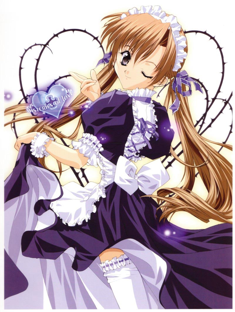 tenhiro naoto, sakuya (sister princess), sister princess, 00s, blonde hair, maid, one eye closed, solo, standing, thighhighs, white thighhighs, wink