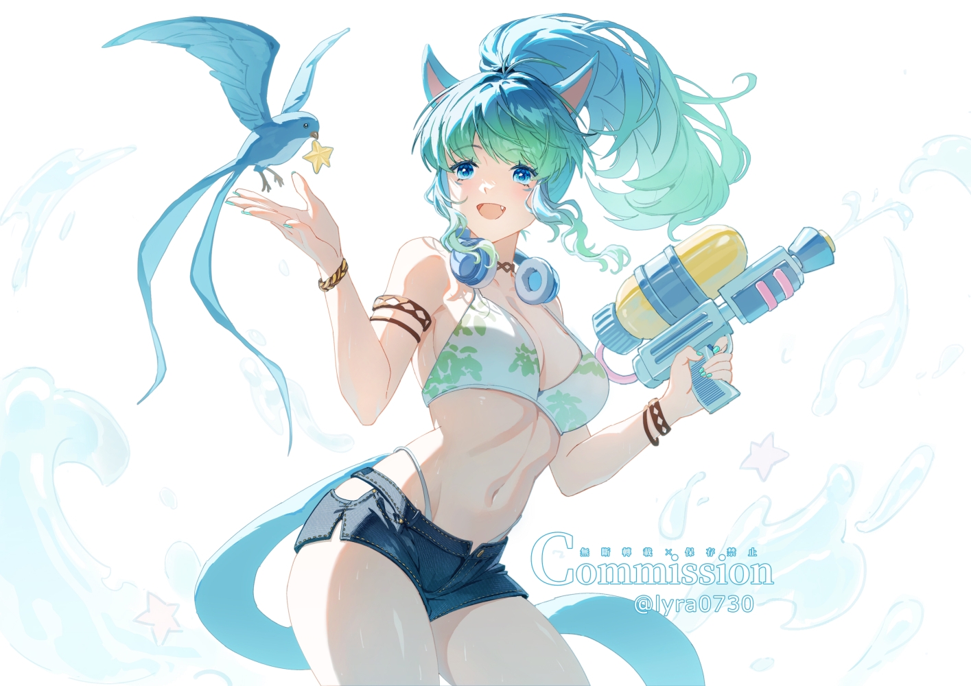 lyra-kotto, meteion, warrior of light (ff14), final fantasy, final fantasy xiv, commission, 1girl, alternate form, animal ears, arm strap, bikini, bikini under shorts, blue eyes, blue hair, bracelet, breasts, cat ears, cat tail, cowboy shot, headphones, headphones around neck, jewelry, large breasts, long hair, miqo'te, navel, open mouth, ponytail, print bikini, short shorts, shorts, swimsuit, tail, water gun