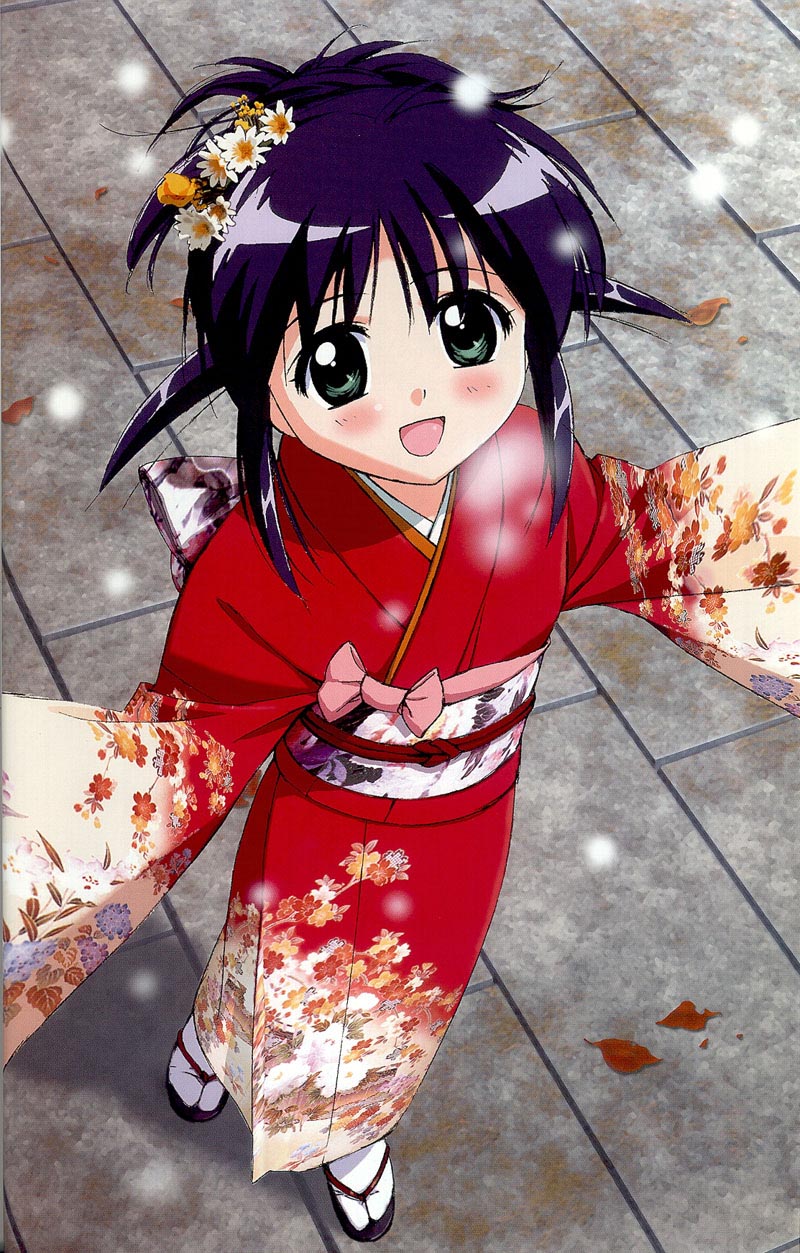takamura kazuhiro, andou mahoro, mahoromatic, highres, 1girl, female focus, floral print, floral print kimono, from above, hair flaps, japanese clothes, kimono, maid, print kimono, sandals, snowing, solo, standing, zouri