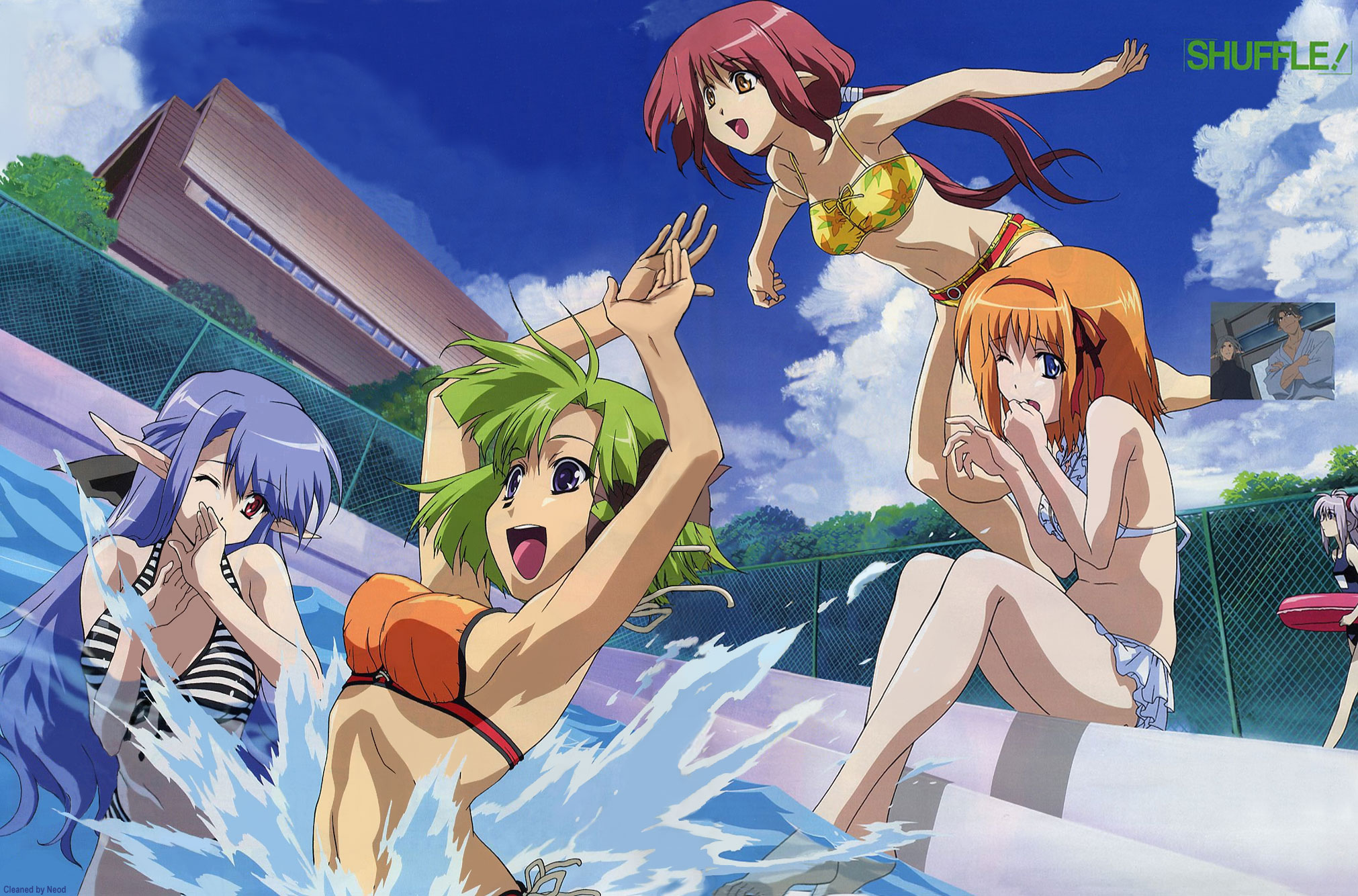 fuyou kaede, lisianthus, nerine, primula, shigure asa, shuffle!, silver hair, detexted, highres, official art, third-party edit, 00s, 5girls, armpits, arms up, bikini, blue eyes, blue hair, breasts, cloud, day, green hair, hair ribbon, hairband, innertube, large breasts, long hair, medium breasts, multiple girls, one-piece swimsuit, one eye closed, orange hair, outdoors, pointy ears, pool, poolside, red eyes, red hair, ribbon, school swimsuit, short hair, side-tie bikini bottom, splashing, striped bikini, striped clothes, swim ring, swimsuit, tress ribbon, twintails, water, wink