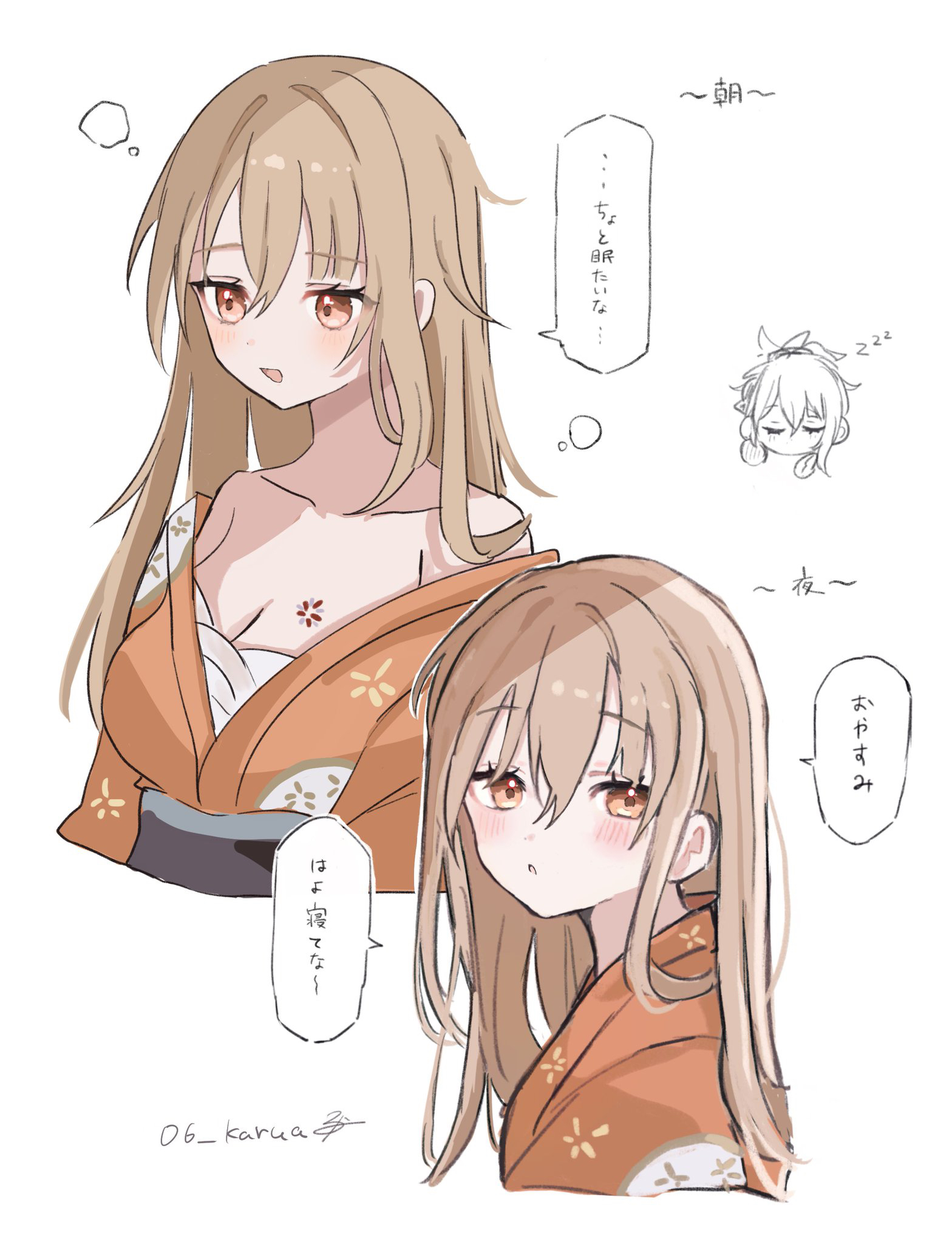 karua0621, yoimiya (genshin impact), genshin impact, commentary request, highres, translation request, 1girl, alternate hairstyle, artist name, bare shoulders, blonde hair, breasts, brown eyes, chest sarashi, chest tattoo, cleavage, cropped torso, hair between eyes, hair down, japanese clothes, kimono, large breasts, long hair, looking at viewer, multiple views, open mouth, orange kimono, sarashi, simple background, speech bubble, squeans, tattoo, white background