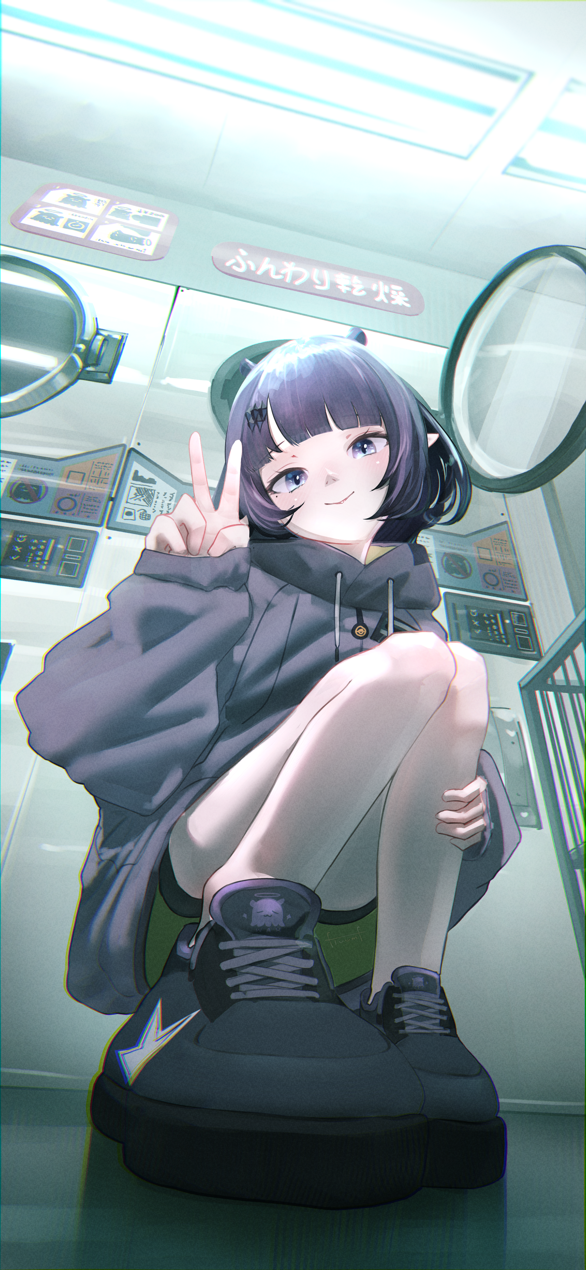 floomf, ninomae ina'nis, ninomae ina'nis (loungewear), hololive, hololive english, absurdres, highres, 1girl, black shoes, blue eyes, ceiling light, closed mouth, clothes dryer, grey jacket, hand up, indoors, jacket, laundromat, official alternate costume, official alternate hairstyle, pointy ears, purple hair, shoes, short hair, smile, solo, squatting, v, virtual youtuber
