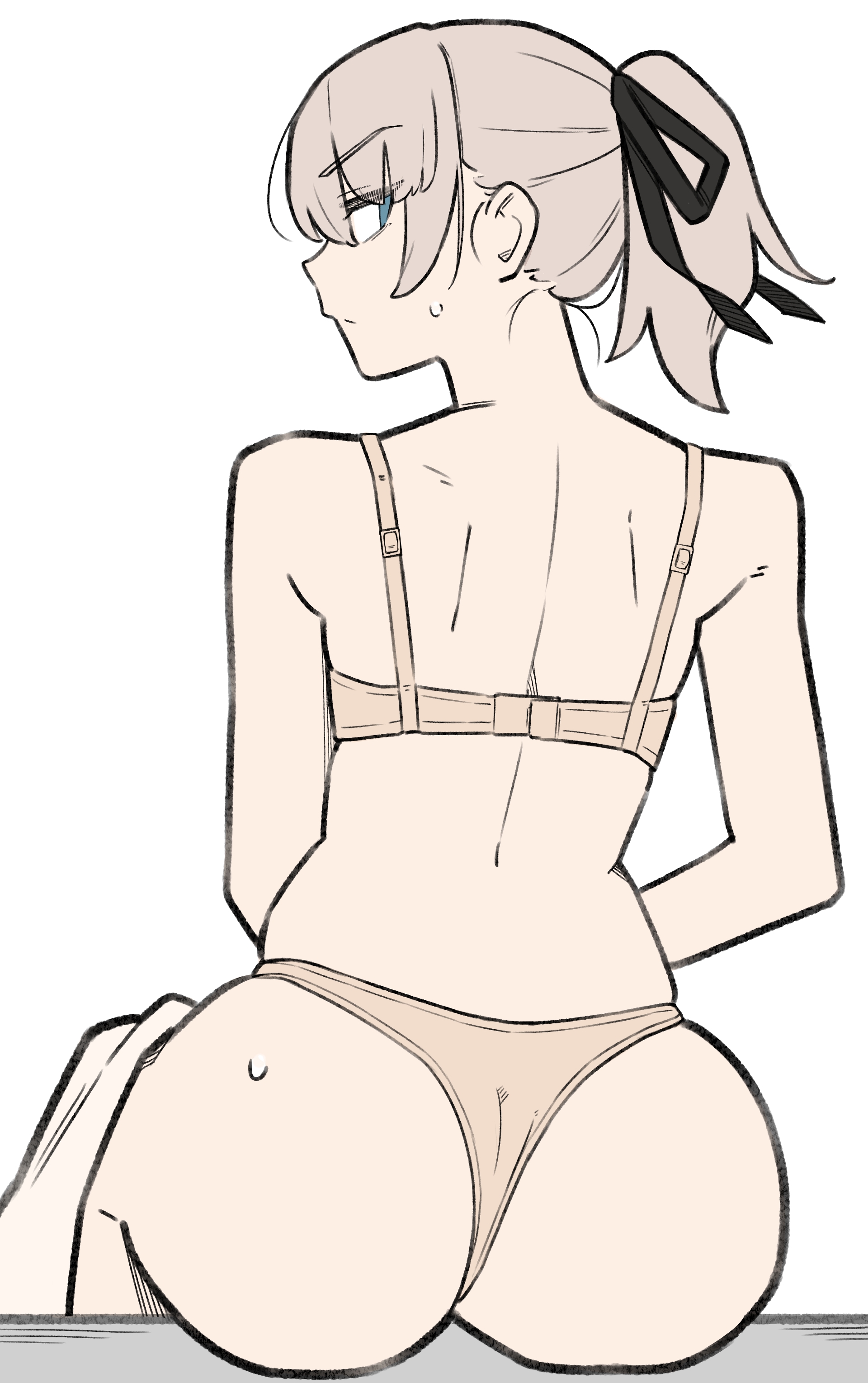 itsumi erika, girls und panzer, absurdres, commentary, highres, unfinished, 1girl, alternate hairstyle, ass, back, blue eyes, bra, closed mouth, from behind, frown, grey hair, hair ribbon, hair up, looking at viewer, looking back, medium hair, panties, ponytail, ribbon, simple background, sitting, solo, sweat, sweatdrop, thong, underwear, underwear only, white background, yellow bra, yellow panties
