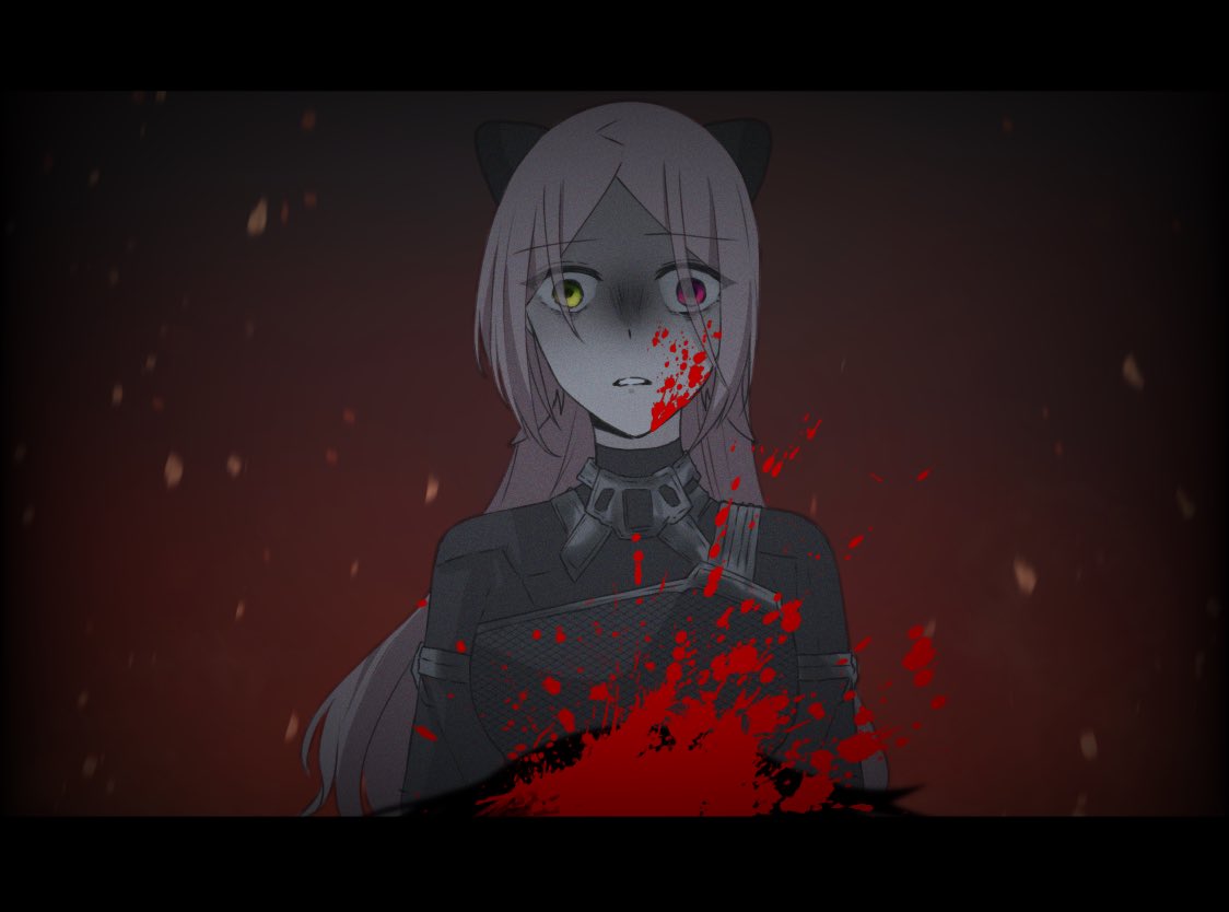 nigari (ngari 0115), shiba tomoshibi, assault lily, commentary, 1girl, arms at sides, black shirt, blood, blood on face, blood spray, embers, gradient background, green eyes, grey hair, hairpods, heterochromia, letterboxed, long hair, long sleeves, looking at viewer, parted bangs, parted lips, red background, red eyes, shirt, solo, turn pale, upper body, wide-eyed