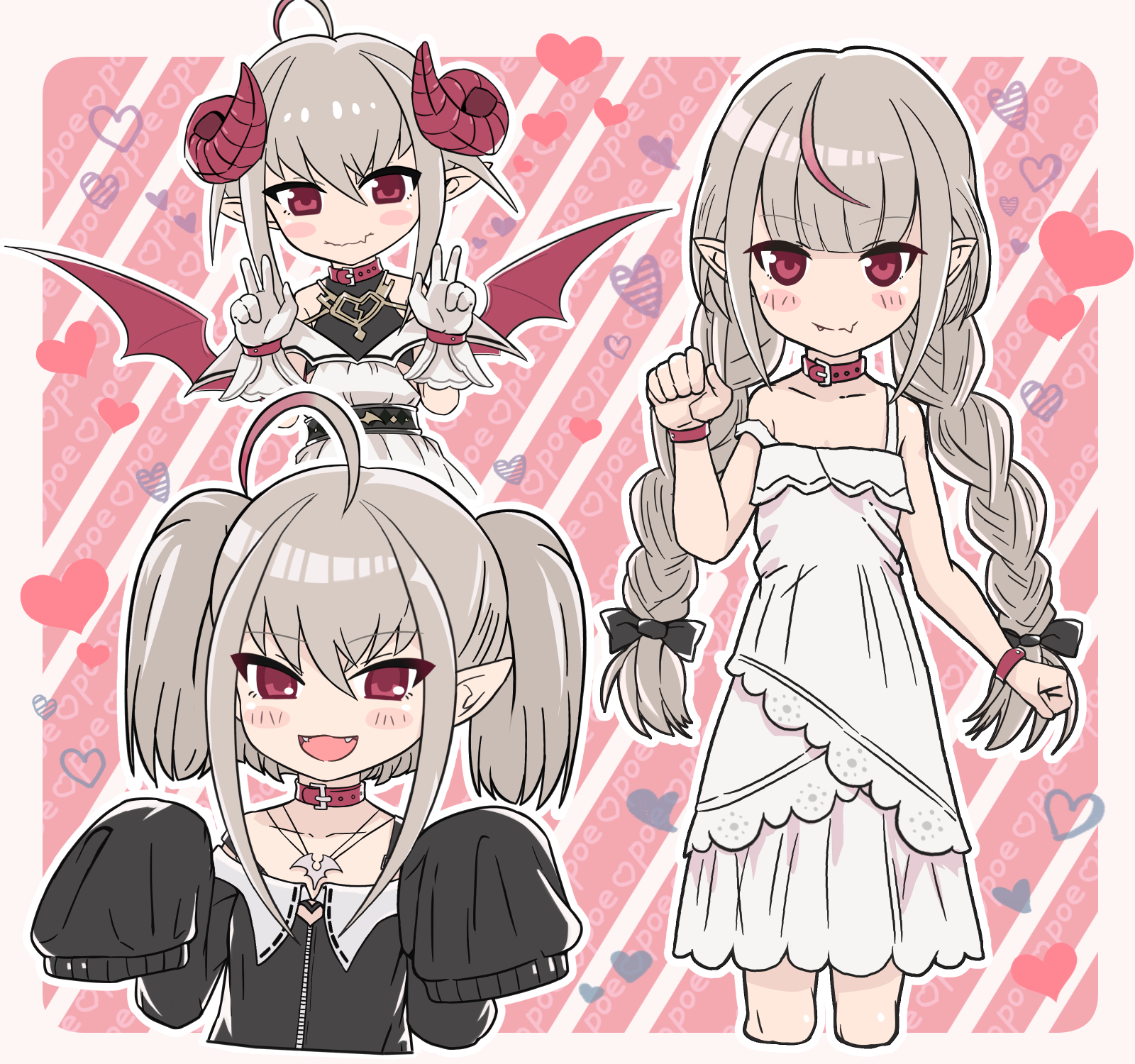 kenshin (kenshin3), makaino ririmu, makaino ririmu (1st costume), makaino ririmu (2nd costume), makaino ririmu (3rd costume), nijisanji, highres, 1girl, ahoge, bare shoulders, belt collar, black jacket, black ribbon, black undershirt, blunt bangs, blush stickers, border, bracelet, braid, choker, closed mouth, collar, collarbone, cropped legs, cropped torso, curled horns, demon horns, demon wings, double v, dress, dyed ahoge, fang, gloves, grey hair, hair between eyes, hair ribbon, hand up, hands up, heart, horns, jacket, jewelry, lace trim, long hair, looking at viewer, low twin braids, medium hair, multicolored hair, necklace, off-shoulder dress, off-shoulder jacket, off shoulder, open mouth, outside border, pink background, pixie cut, pointy ears, red collar, red eyes, red hair, red horns, red wings, ribbon, shirt under dress, short hair, sidelocks, skin fang, sleeveless, sleeveless dress, sleeves past fingers, sleeves past wrists, smile, strap slip, streaked hair, sundress, text background, twin braids, twintails, v, virtual youtuber, w arms, white border, white dress, white gloves, wings, zipper