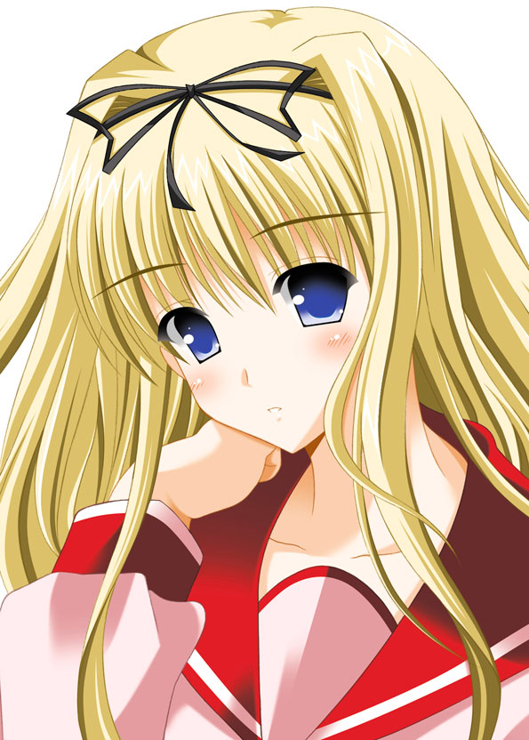 oda ken'ichi, kusugawa sasara, to heart (series), to heart 2, 00s, 1girl, blonde hair, female focus, school uniform, serafuku, simple background, solo, white background