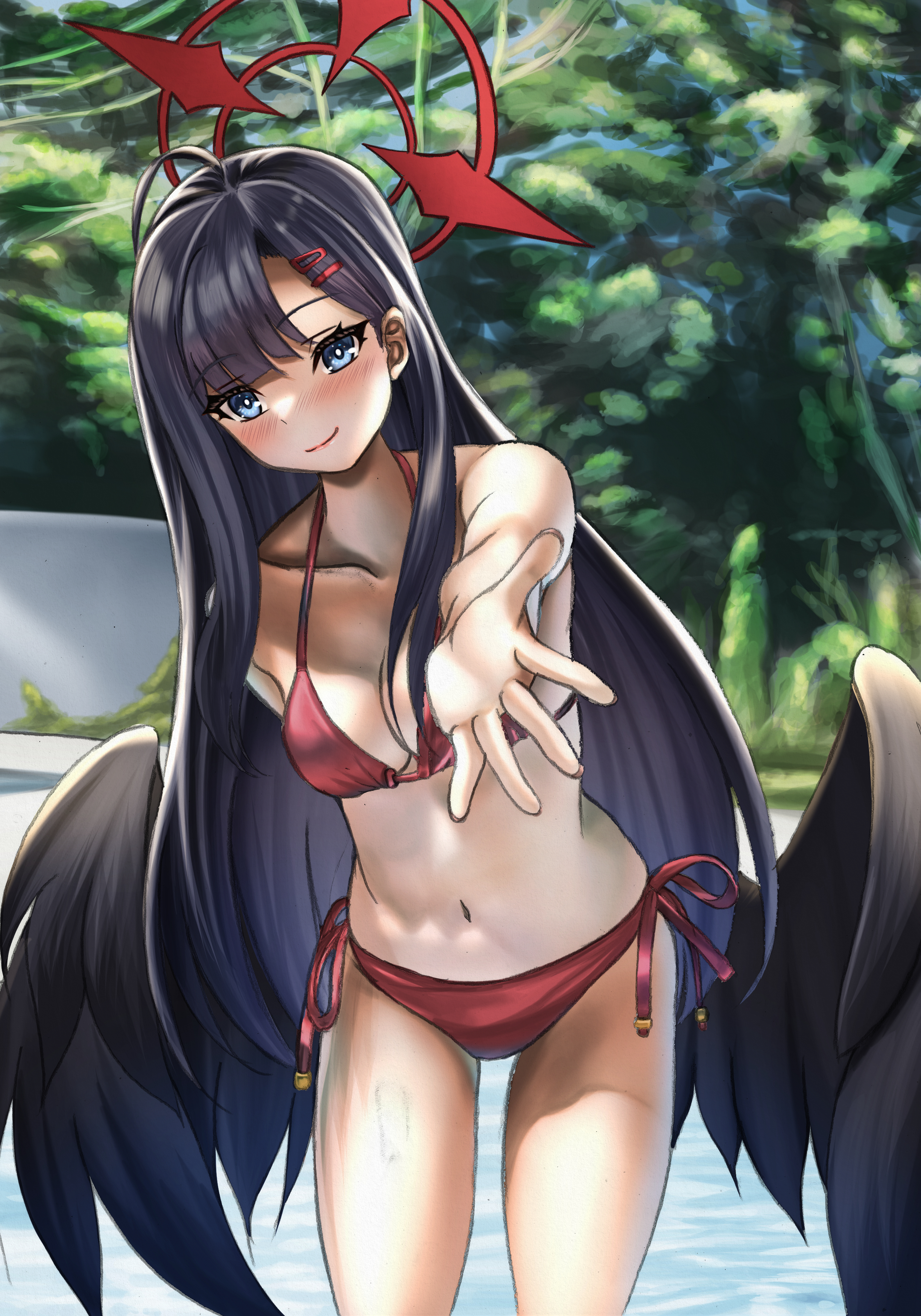 kouichi eiji, ichika (blue archive), blue archive, absurdres, commentary request, highres, 1girl, ahoge, beckoning, bikini, black hair, black wings, blue eyes, blush, feathered wings, halo, long hair, looking at viewer, navel, outdoors, pool, red bikini, side-tie bikini bottom, smile, solo, stomach, straight hair, string bikini, swimsuit, very long hair, wings
