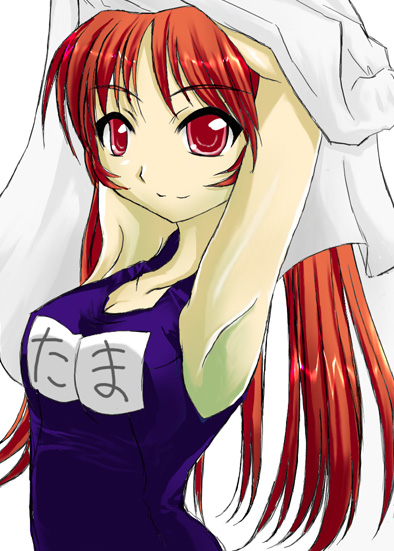 gakky, kousaka tamaki, to heart (series), to heart 2, 00s, 1girl, armpits, arms up, female focus, long hair, name tag, one-piece swimsuit, red eyes, red hair, school swimsuit, solo, swimsuit