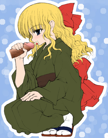 tololi, original, 1girl, blonde hair, blue eyes, bow, censored, cum, cum in mouth, fellatio, hair bow, handjob, hetero, japanese clothes, kimono, mosaic censoring, oral, penis, sandals, socks, solo focus, tongue