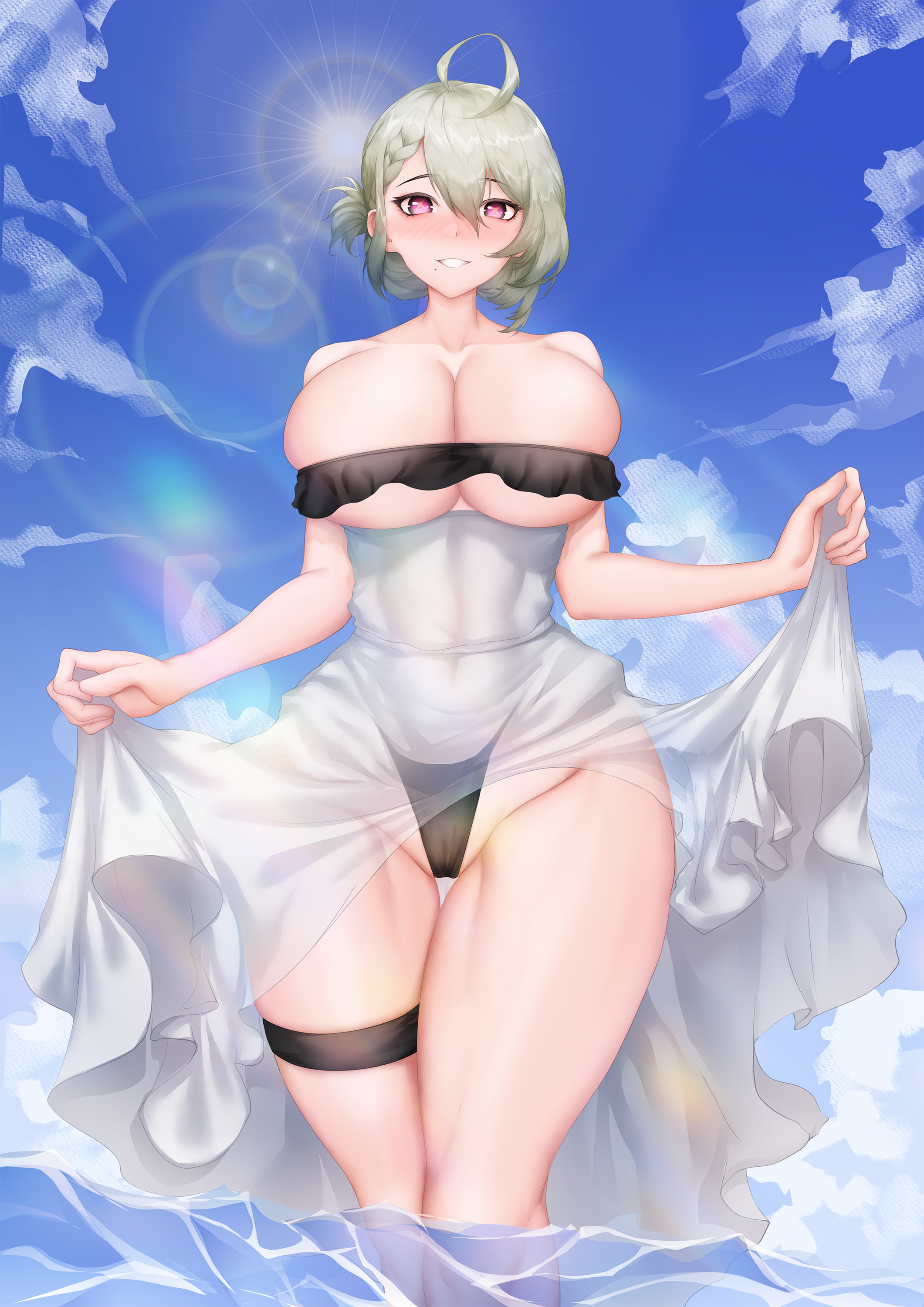thatob, de lacey (neural cloud), girls' frontline, girls' frontline neural cloud, absurdres, chinese commentary, commentary, highres, 1girl, ahoge, alternate breast size (larger), alternate costume, bare shoulders, black one-piece swimsuit, blue sky, blush, braid, breasts, cleavage, clothes lift, cloud, cloudy sky, collarbone, covered navel, dress, dress lift, embarrassed, feet out of frame, green hair, large breasts, looking at viewer, medium hair, mole, mole under mouth, one-piece swimsuit, open mouth, purple eyes, sky, smile, solo, standing, star-shaped pupils, star (symbol), swimsuit, symbol-shaped pupils, thighs, water, white dress