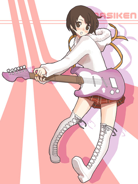 yuu (uminashiken), original, 1girl, boots, brown eyes, brown hair, electric guitar, female focus, guitar, instrument, lace-up boots, looking at viewer, open mouth, plaid clothes, plaid skirt, short hair, simple background, skirt, solo, thigh boots, thighhighs, white boots