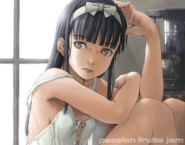yoneda taishou, original, bare shoulders, black hair, bow, coffee, coffee maker, dress, flat chest, grey eyes, hairband, long hair, solo, strap slip, window